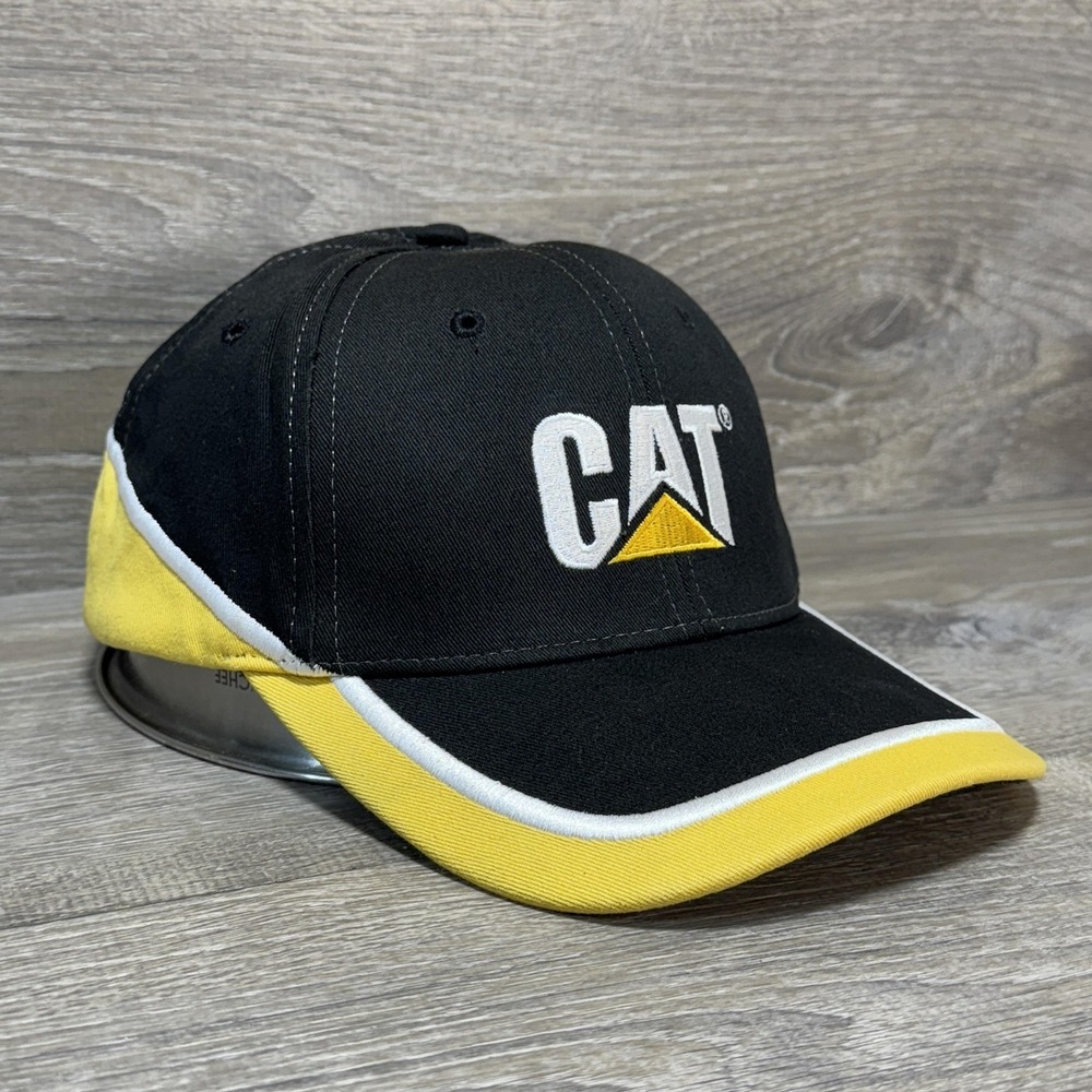 CAT Caterpillar Hat Cap Strap Back Black Yellow Embroidered Cotton Workwear Mens